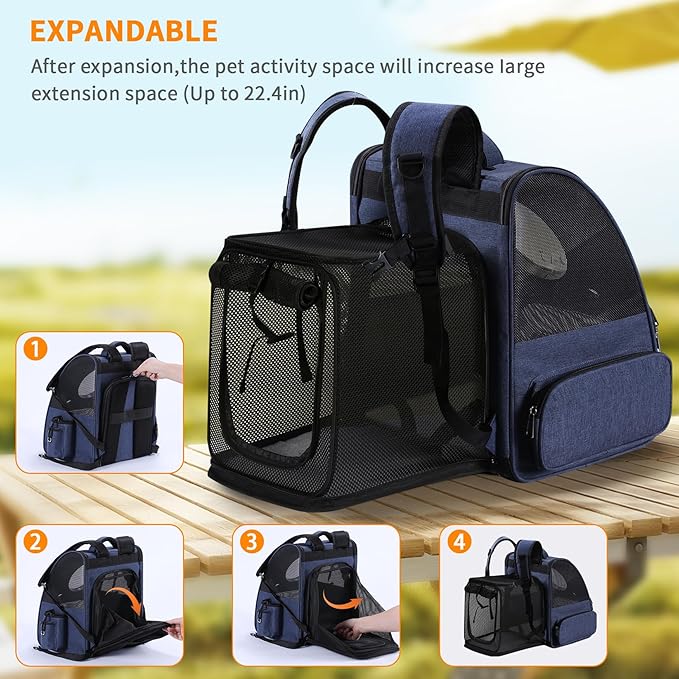 Bubble Cat Backpack Carrier, Expandable Cat Carrier Backpack,Breathable Pet Backpack for Medium Cat,Kitten and Small Puppy, Large Space,Portable Bags Foldable Dog Backpack for Traveling,Hiking (Blue)