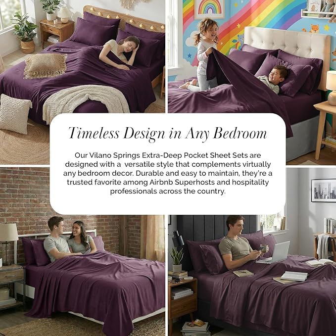 Southshore Fine Living, Inc. 6-Piece, 21-Inch Queen Deep Pocket Sheet Set, Wrinkle Free Sheets Queen Size Bed Set, 1 Full Elastic Fitted Sheet, 1 Oversized Flat, 4 Purple Pillow Cases, Purple Sheets
