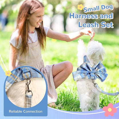Cute Dog Harness and Leash Set with Bow Tie Soft Mesh Plaid Girl Puppy Harness No Pull Pet Cat Dog Vest Harness for Small Dogs Chihuahua Rabbit Outfit (Blue,XS)
