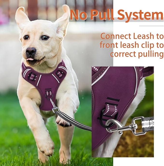 HEELE Dog Harness for Large Dogs No Pull Dog Vest Harness for Large Dog with Soft Padded Handle Reflective for Outdoor Training, Purple(Matching Trim), L