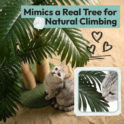 33" Tall Cat Scratching Post, Natural Jute Cat Scratcher for Indoor Cats, Double Coconut Tree Design with Hanging Toy Ball & Rest Platform,Stable Furniture Protector for Kittens & Adult Cats,M