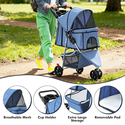 Smug 3 Wheels Pet Stroller, Dog and Cat Strollers with Storage Basket and Cup Holder, Lightweight Travel Carrier, Breathable, Waterproof and Foldable for Small Pets Outdoor Walk, Blue