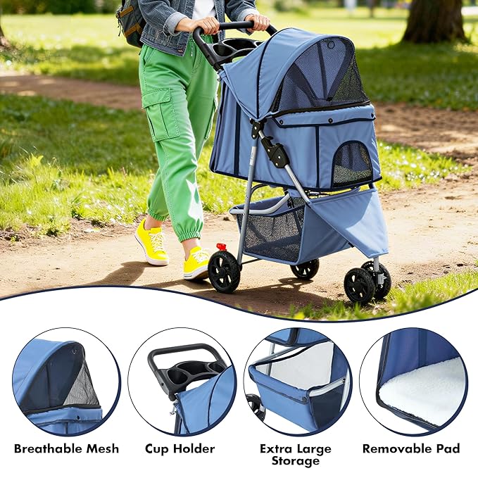 NEWBULIG 3 Wheel Pet Stroller for Dogs and Cats, Foldable, Lightweight and Durable, Ideal for Small to Medium Pets, Includes Storage Basket and Cup Holders