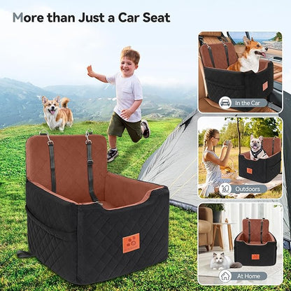 GL GLENSLAVE Dog Car Seat for Small/Medium Dogs Under 35lbs,Memory Foam Dog Booster Seats,Detachable and Washable Traval Pet Car Seat, Dogs Bed with 2 Safety Belts(Balck/Brown)
