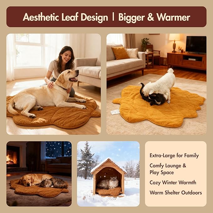 Vagascape Extra Large Dog Heating Pad Waterproof Electric Heated Cat Beds for Indoor Outdoor, Adjustable Temperature,Washable Yellow Leaf Shaped Cat Heating Pad Non Slip Bottom(57"X47")