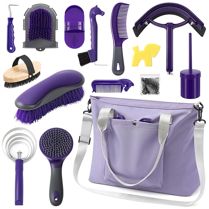 Abbylike 15 Pieces Horse Grooming Kit with Organizer Tote Bag Tack Room Supplies Horse Brush Sets Care Equine Cleaning Kit Shedding Grooming Massaging Tools(Purple and Grey)