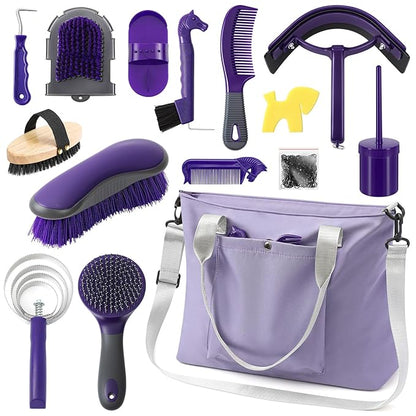 Abbylike 15 Pieces Horse Grooming Kit with Organizer Tote Bag Tack Room Supplies Horse Brush Sets Care Equine Cleaning Kit Shedding Grooming Massaging Tools(Purple and Grey)