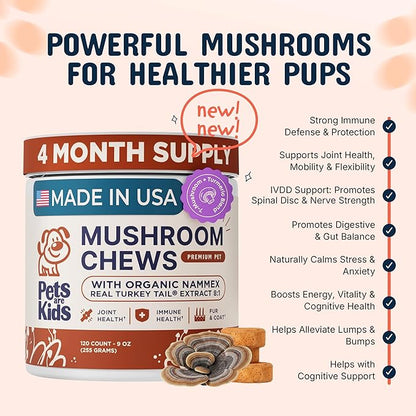 Pets are Kids Turkey Tail Mushroom for Dogs with Organic Real Turkey Tail™ - 8:1 Extract Mushroom Chews for Lumps & Bumps, Immunity, Gut, Skin, Joint & Spine Support - Reishi, Lion’s Mane - 240 Chews
