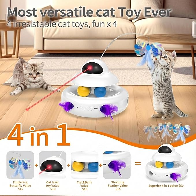 MOHAYA Interactive Cat Toys for Indoor Cats,4-in-1 Automatic Kitten Toy with Laser, Fluttering Butterfly, Moving Feather & Track Balls, USB Rechargeable Self-Play Electronic Toy for Kittens & Adults