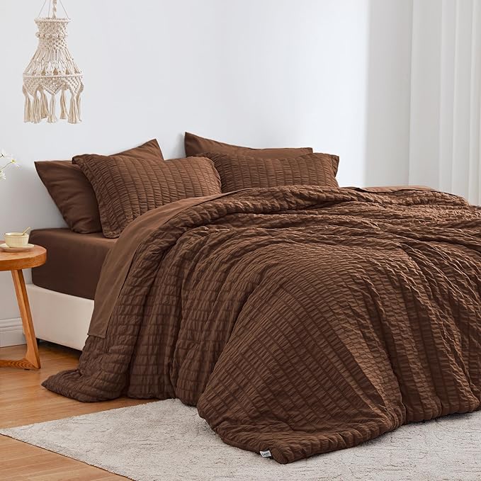 Love's cabin Seersucker Brown Full Comforter Set, 7-Piece All Season Lightweight Bed in a Bag Bedding Set with Comforter, Flat Sheet, Fitted Sheet, Pillowcases and Shams | Soft, Breathable, Lightweight