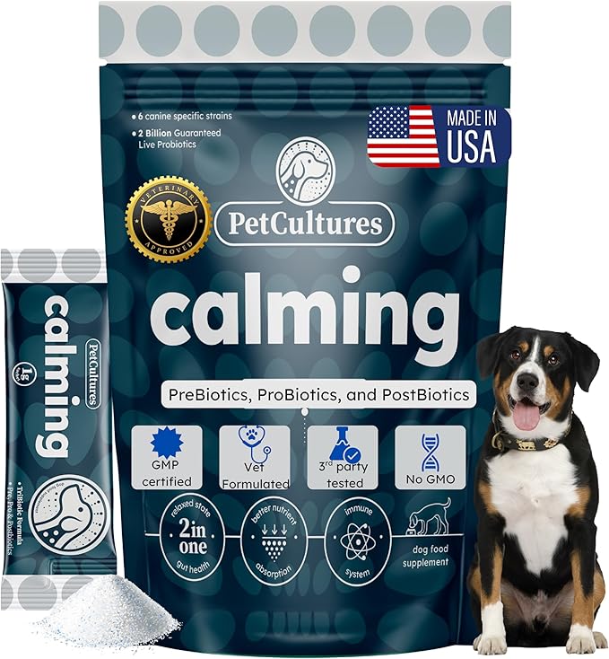 PetCultures Calming Tribiotic Dog Supplement Powder – Supports Stress, L-Tryptophan, L-Theanine, and Gut-Brain Axis Balance - Made in USA (30)