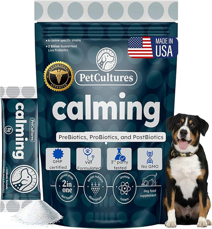 PetCultures Calming Tribiotic Dog Supplement Powder – Supports Stress, L-Tryptophan, L-Theanine, and Gut-Brain Axis Balance - Made in USA (Trial Pack 10-Units)