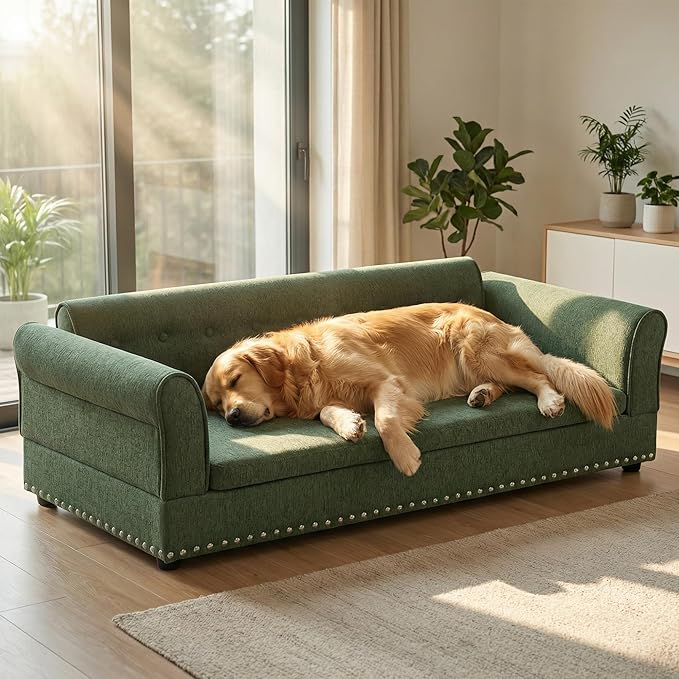 Elevated Dog Sofa for Medium to Large Dogs, Button Tufted Dog Couch Bed with Backrest and Armrests, Durable Memory Foam Pet Bed, Removable Cushion for Medium and Large Dogs, Green