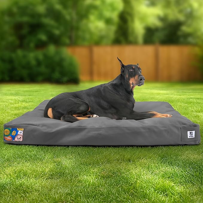 Sytopia 42 Inch Waterproof Indestructible Canvas Outdoor Dog Bed for Extra Large Dogs, Chew Proof Dog Crate Bed with Washable Removable Cover, Indoor Outdoor Patio Pet Pad, Dark Grey