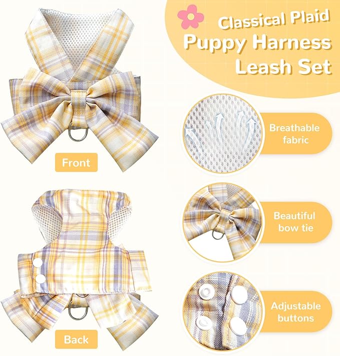 Cute Dog Harness and Leash Set with Bow Tie Soft Mesh Plaid Girl Puppy Harness No Pull Pet Cat Dog Vest Harness for Small Dogs Chihuahua Rabbit Outfit (Yellow,L)