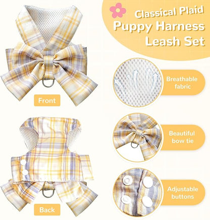 Cute Dog Harness and Leash Set with Bow Tie Soft Mesh Plaid Girl Puppy Harness No Pull Pet Cat Dog Vest Harness for Small Dogs Chihuahua Rabbit Outfit (Yellow,M)