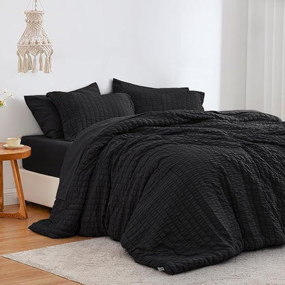 Love's cabin Seersucker Black King Size Comforter Set, 7-Piece All Season Lightweight Bed in a Bag Bedding Set with Comforter, Flat Sheet, Fitted Sheet, Pillowcases and Shams | Soft, Breathable, Lightweight