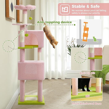 MUTTROS Flower Cat Tree, 62-Inch Large Cat Tower for Multi-Cat Households w/Scratching Posts, Multi-Level Cat Condo w/Cozy Top Perch & Scratching Pad, Padded Platform, 2 Pompoms, Pink