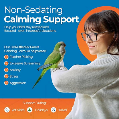 UnRuffledRx™ Calming Formula for Parrots – Bird Supplement that Supports Relaxation During Stressful Events Like Fireworks, Travel, and Visitors – 150 Servings – Made in USA