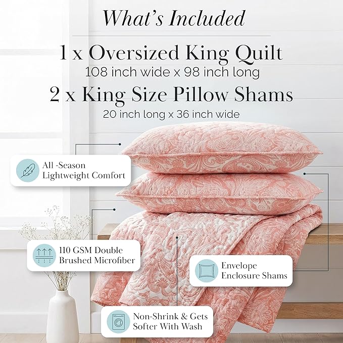 Southshore Fine Living, Inc. Paisley Quilt Set King/California Size, Light Weight Bedspread, 3-Piece Set Bohemian Bedding with Two Matching Quilted Pillow Shams, Cal/King Quilt, Reversible Coral