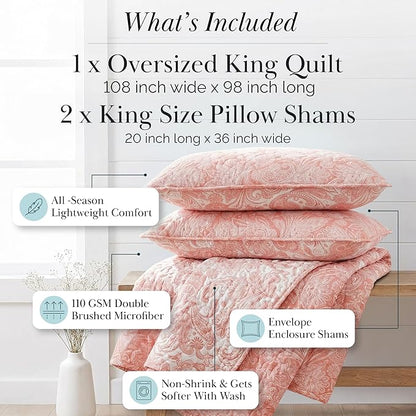 Southshore Fine Living, Inc. Paisley Quilt Set King/California Size, Light Weight Bedspread, 3-Piece Set Bohemian Bedding with Two Matching Quilted Pillow Shams, Cal/King Quilt, Reversible Coral