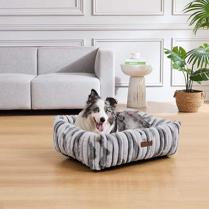 Modern Threads Ribbed Plush Two-Tone Cuddler Dog Bed, Ultra-Soft Faux Rabbit Fur, Supportive Bolstered Sides, Removable Washable Cover, Bed for Medium Dogs, Silver, (28" L x 21" W x 9" Th)