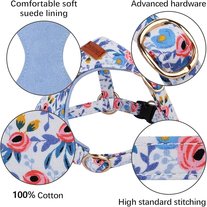 CHEDE No Pull Floral Pattern Dog Harness- Lightweight and Soft Harness, Adjustable Small Dog Harness and Leash Set, with Dog Leash, Suitable for Puppy Small and Medium-Sized Dog (M, Blue Rose)