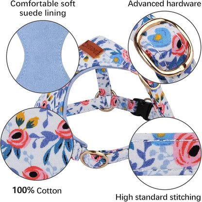 CHEDE No Pull Floral Pattern Dog Harness- Lightweight and Soft Harness, Adjustable Small Dog Harness and Leash Set, with Dog Leash, Suitable for Puppy Small and Medium-Sized Dog (M, Blue Rose)