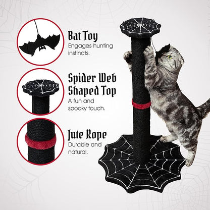 Gothic Cat Scratching Post with Spider Web Floor Foundation and Bat Toys, Halloween Cat Scratcher, Cat Scratchers for Indoor Cats, Black cat Scratcher, Spooky Cat Accessories from Littlesy