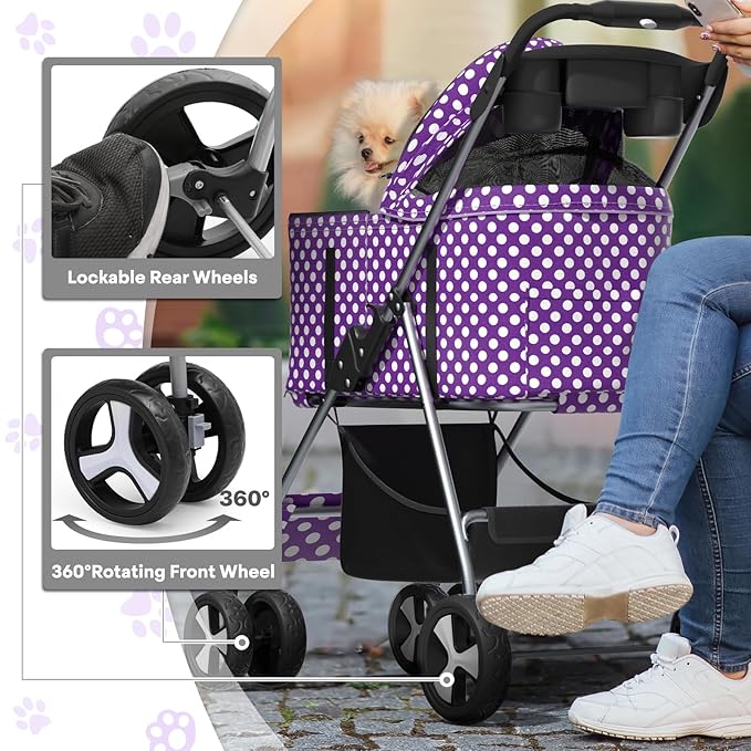 3-in-1 Visible Foldable Pet Detachable Carrier, Car Seat and Stroller with Push Button Entry for Small Pets, Cat Dog Stroller for Medium Dogs Cats Load Up to 33 lbs, Purple Polka Dots