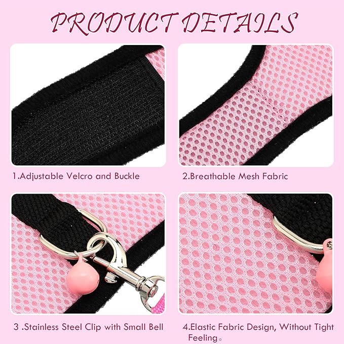 SATINIOR 2 Sets Guinea Pig Harness and Leash Adjustable Soft Mesh Harness Bell No Pulling Comfort Vest for Baby Ferret Rats Hamster Bunny Rabbit Chinchilla and Small Pet(Blue, Pink,XS)