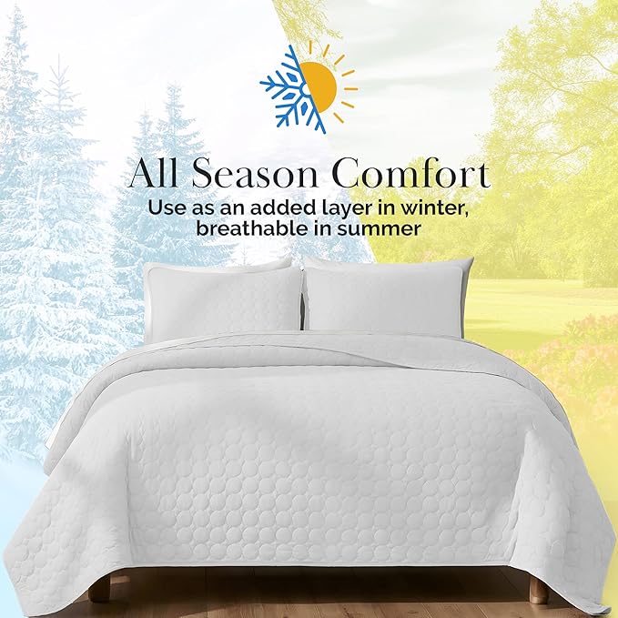 Southshore Fine Living, Inc. King Size White Quilt Bedding Set with 2 Pillow Shams, Quilted Summer Comforter, King Size, Light Weight Bedspread, California/King Quilt Coverlet, Bright White