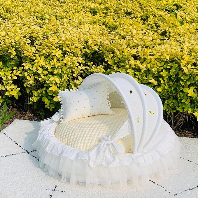 Elegant Pet Bed with Ruffles, Cradle Bed for Small Dogs Puppy Kitten Luxury Bed Sofa (L 25.6''Lx21.7''Wx17.3''Th, Cooling GoldPea)
