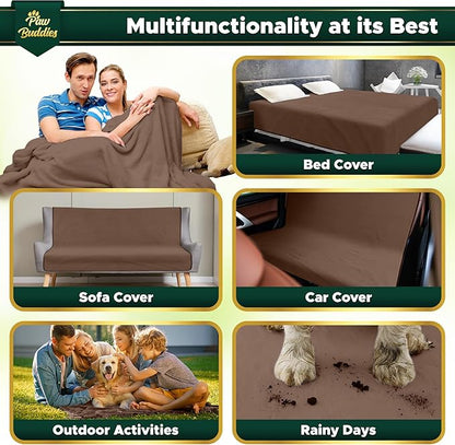 Paw Buddies Premium Waterproof Blanket 80"x90" Velvet-Feel Reversible Throw – Leakproof, Machine Washable Bed & Sofa King Size Protector for Couples, Pets & Travel + Bonus Small Blanket