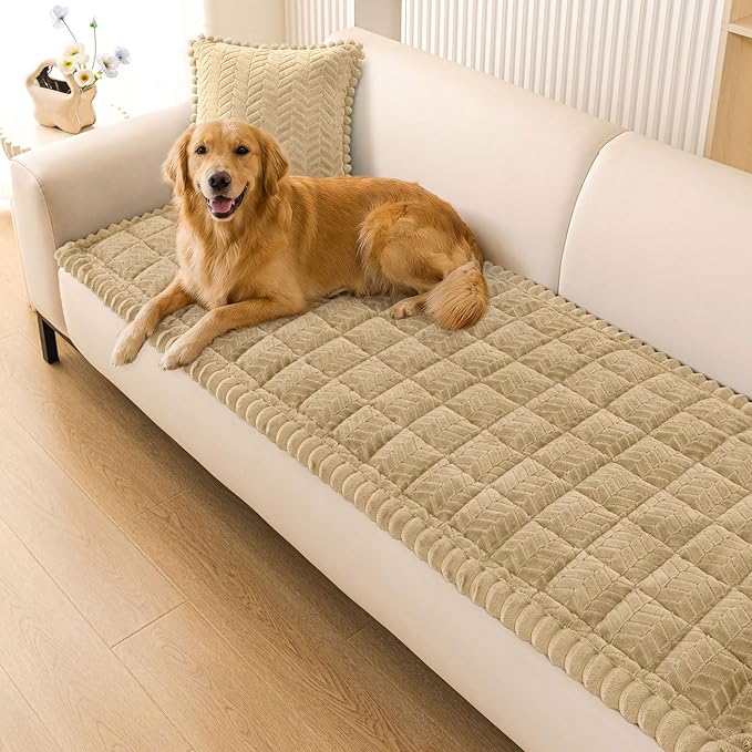 Smiry Non Slip Couch Covers for Dogs, Fuzzy Pet Couch Covers for 3 Cushion Sofa Pet Friendly, Soft Sofa Slipcovers Cushion Furniture Protector Washable (Khaki, 27.6" x 82.7")