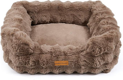 Modern Threads Brushed Long Pile Rabbit Fur Cuddler Dog Bed, Bolstered Supportive Sides, Calming Nest Design, Removable Washable Cover, Bed for Small to Medium Dogs, Chocolate, (24"L x 20"W x 8"Th)