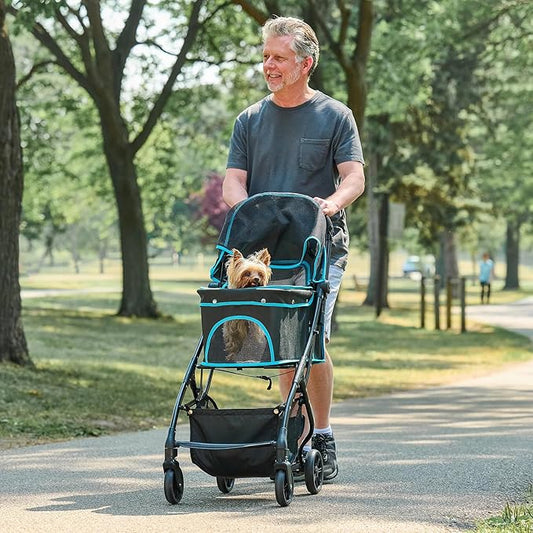 Carlson Pet Stroller, Includes 360 Degree Front Wheel Swivel, Rear Wheel Breaks, Reflective Trim, Mesh Panels, Umbrella and Mesh Canopy, Folds Easily to a Fraction of its Size,Black