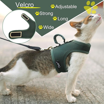 Kitty Harness and Leash for Walking Escape Proof Breathable Mesh Fabric, Solid Green, Small, Adjustable Cat Walking Jackets with Handle, Padded Stylish Cat Vest