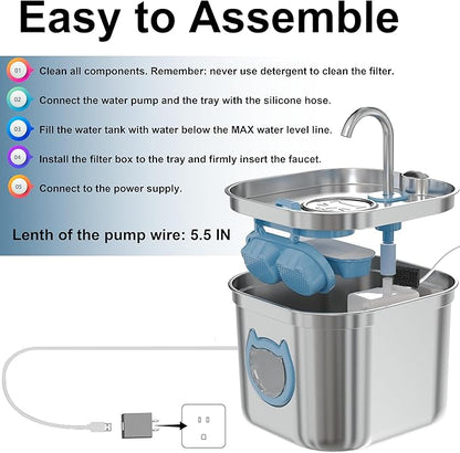 Homtyler Luxury Automatic Cat Water Fountain for Pets, 2.2L/74oz Stainless Steel Dog Water Dispenser with Filter, BPA Free & Silent, Featuring LED Light, Easy Clean & Cat View Window