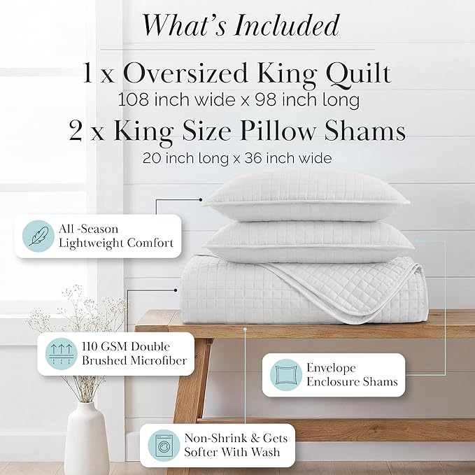 Southshore Fine Living, Inc. King Quilt Bedding Set with Shams, Coverlet Quilt King Size Bedspread, Luxury Bedding, Bed Spread for Kings/California Kings, Lightweight Quilted Comforter, White Quilts