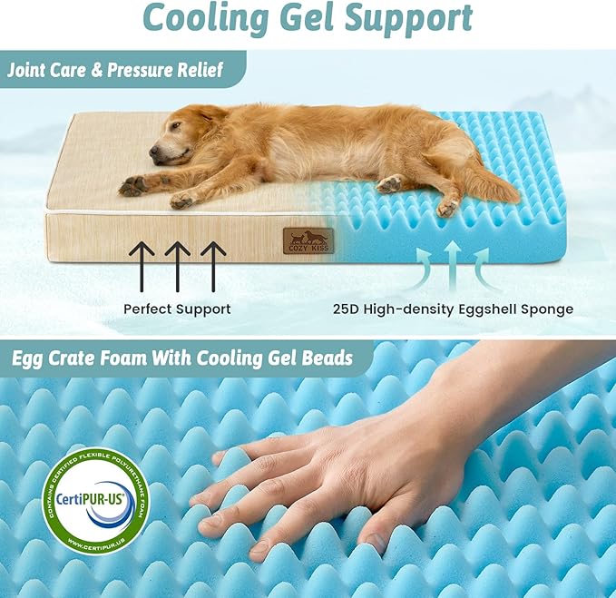 COZY KISS Cooling Dog Bed for Crate, Waterproof Orthopedic Dog Crate Mat with Removable Washable Cover, Egg Crate Foam Support Dog Bed, 36x27x3 Inch,Beige