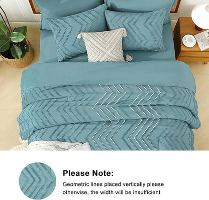 Litanika Super King Plus Size Comforter Set with Sheets Grayish Teal - 7 Pieces Bed in a Bag Oversized King Boho Tufted Complete Bedding Sets with Comforter, Sheets, Pillowcases & Shams