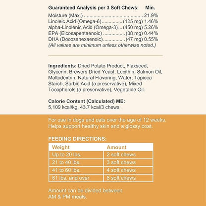 Salmon Oil for Dogs -60 Soft Chew Omega Treats Skin and Coat Supplement for Dogs -Fish Oil Blend of Fatty Acids, Omega 3 and 6, Vitamins, Antioxidants, Minerals -Made in USA