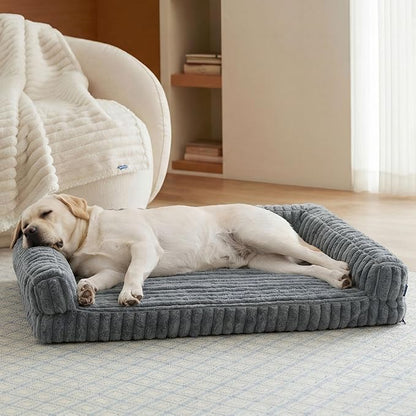 Bedsure ComfyFleece™ Orthopedic Dog Beds for Extra Large Dogs, Memory Foam XL Dog Couch with Sides, Waterproof Big Pet Sofa with Washable Corduroy Cover, Non-Slip and Egg-Crate Foam, Grey