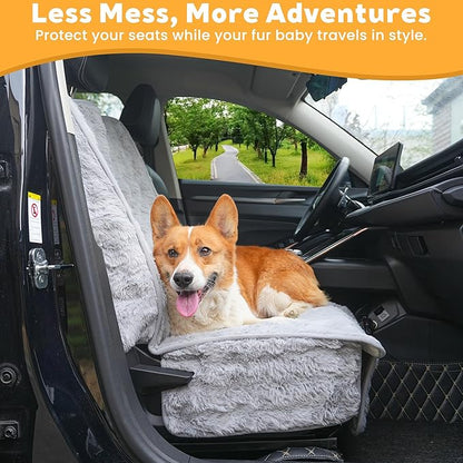 Dog Car Seat Cover for Back Seat & Front Seat, Plush Faux Fur Pet Car Seat Protector with Waterproof Layer, Non-Slip Bottom, Side Flaps, Machine Washable (Front Seat Gray)