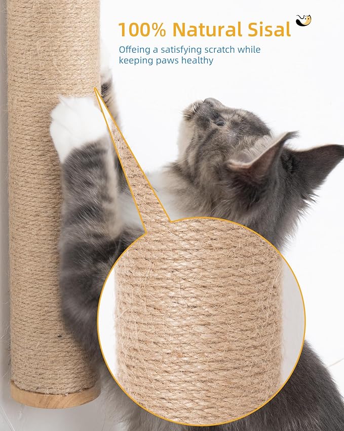 Aechonow 68" Wall Mounted Cat Scratcher, 2-Pcs of 34inch Tall Sisal Scratching Posts, Wall Mounted Cat Pole for Indoor Large Adult Cats Climb Stretch Play, Wooden