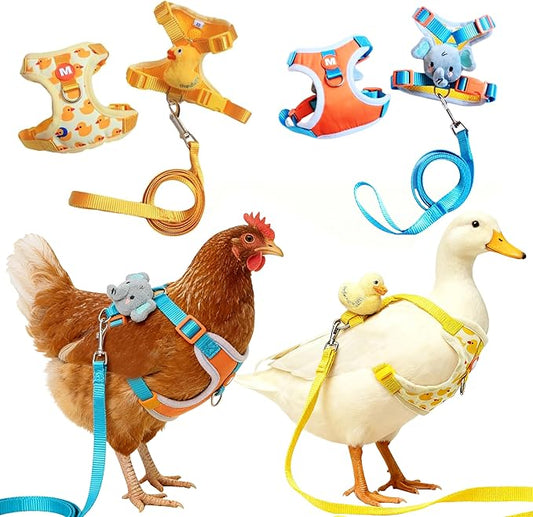 2Pcs Chicken Leashes and Harnesses Set, Adjustable Duck Leash with Elastic Breathable Pet Harness, Chicken Vest for Goose Duck Cat Hen Training Walking Strap Traction Rope