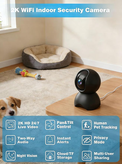 2K Security Camera Indoor, Pet/Dog/Baby Security Camera with Phone App, 5G/2.4G Wi-Fi, 360° Pan-Tilt, Night Vision, Human Auto Tracking, Local/Optional Cloud Storage, Black