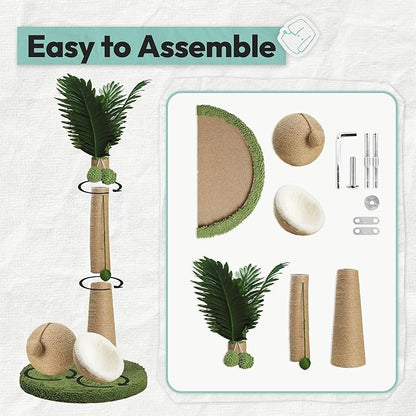 33" Tall Cat Scratching Post, Natural Jute Cat Scratcher for Indoor Cats,Twin Coconuts & Tree Design with Hanging Toy Ball & Rest Platform,Stable Furniture Protector for Kittens & Adult Cats,M