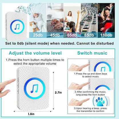 Dog Door Bell for Potty Training, Smart Wireless Doggie Doorbell to Go Outside, 1000 Feet Long Range with IP65 Waterproof Super-Light Touch Button, 60 Melodies & Adjustable Volume (White)